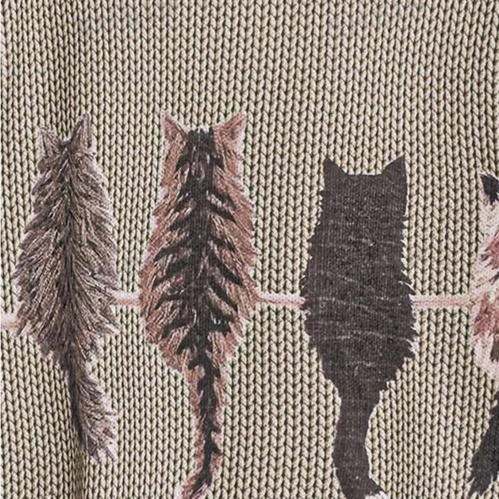 Cat Pattern Round Neck Long Sleeve Casual Pullover Sweater, Autumn/Winter - Picture 3 of 4